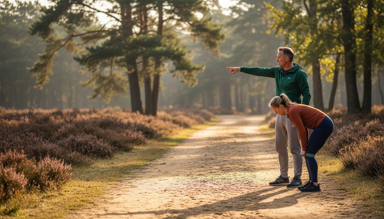 Een trainer en een deelnemer op een breed zandpad aan de rand van de Veluwe in de vroege ochtend.