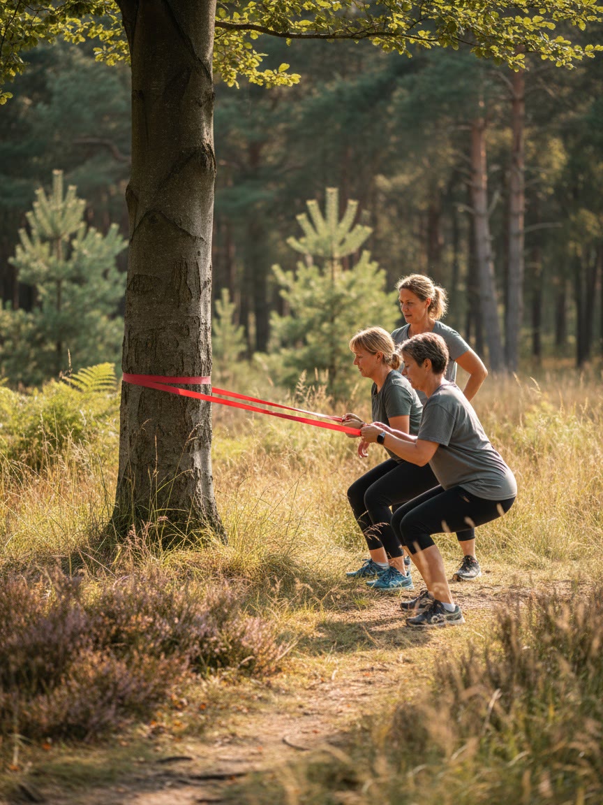 Twee deelnemers werken naast elkaar met een weerstandsband om een beukenstam, de trainer kijkt mee.
