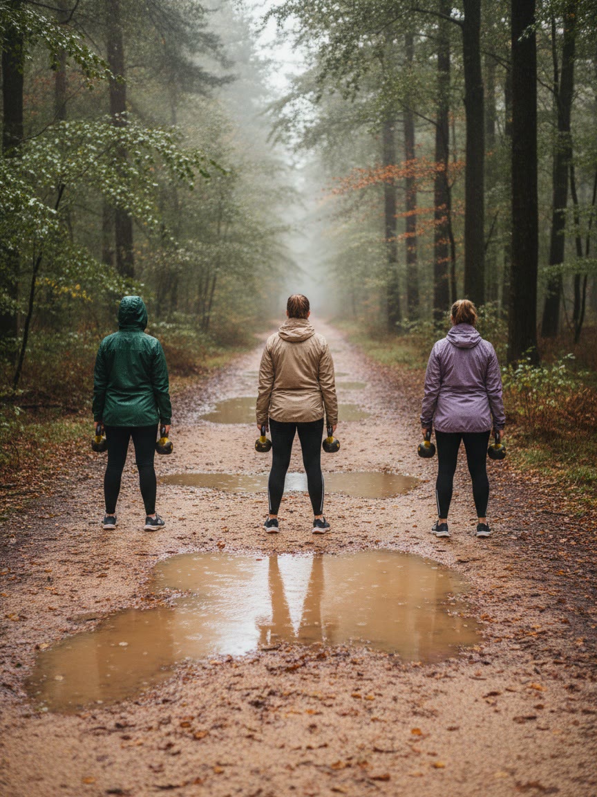 Drie deelnemers in regenjas staan met een kettlebell op een nat bospad.
